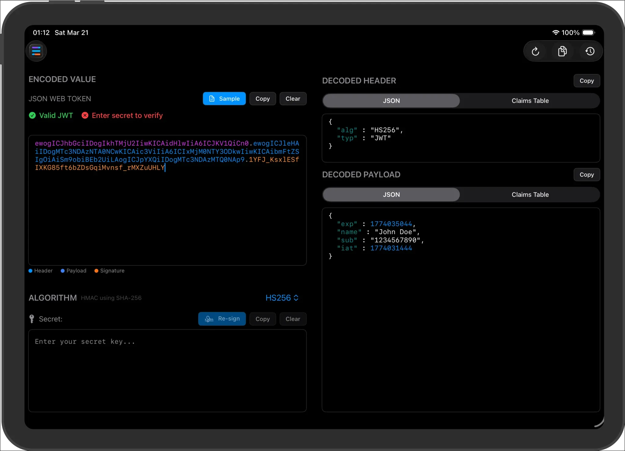 Segments on iPad with a decoded token