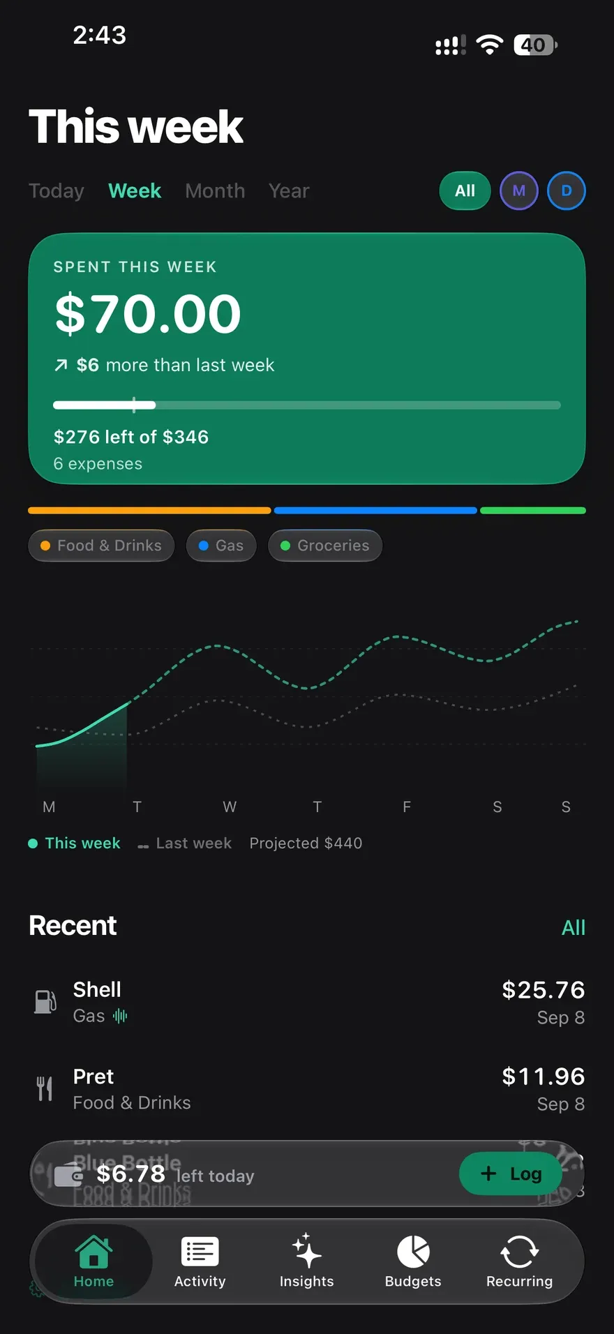 Spending on iPhone with this week’s spending and recent expenses