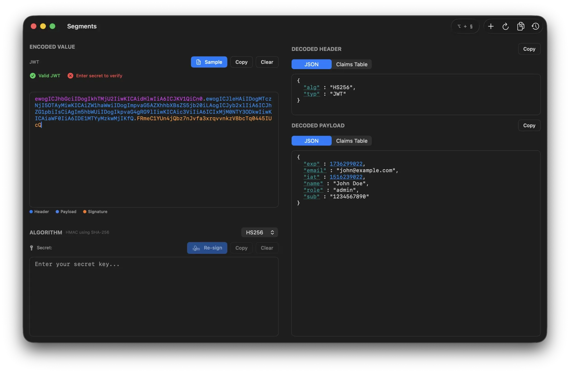 Segments on Mac decoding a JSON Web Token