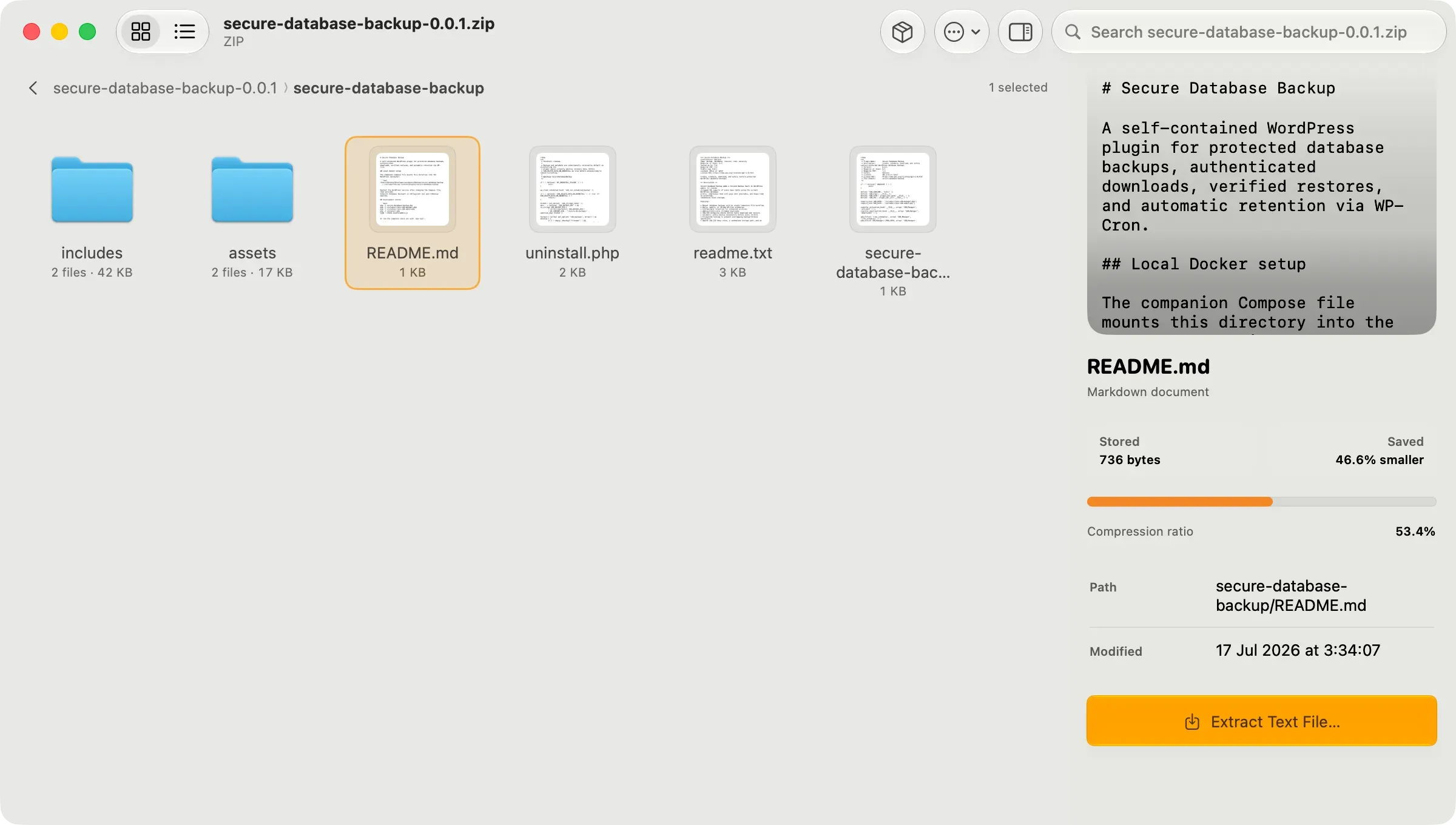 Pack on Mac browsing a ZIP archive with a file preview