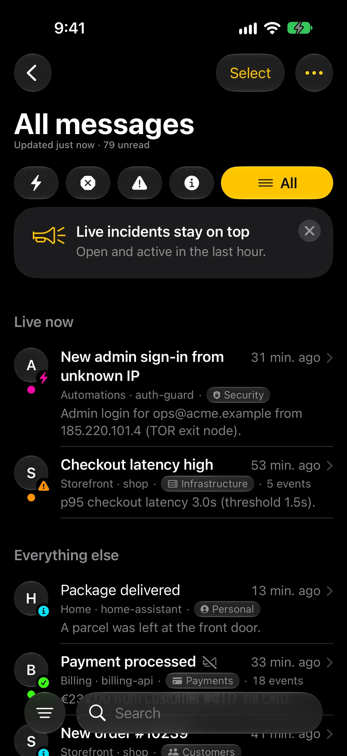 Honk! Honk! on iPhone: all messages, with live incidents on top