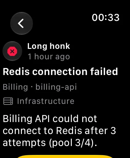 Honk! Honk! on Apple Watch: a long honk for a Redis connection failure